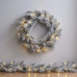 Lot Couronne & Guirlande De Noël Enneigées à LED Blanc Chaud
