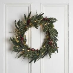 Lot Couronne De Noël Pin Et Baies Rouges Avec Guirlande Micro LED