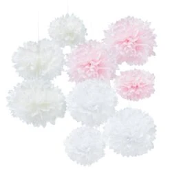 Lot De 9 Pompons En Papier Roses, Blancs Et Ivoires