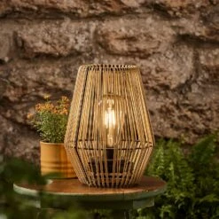 Lanterne De Table Solaire Lotus, Effet Rotin Beige