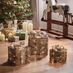 Lot De 3 Cadeaux Lumineux En Rotin à Micro LED