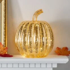 Citrouille Lumineuse En Verre à La Patine Dorée 15 Citrouille Lumineuse En Verre à La Patine Dorée -Éclairage Domestique LL20047 deco automne citrouille lumineuse patine vieillie doree