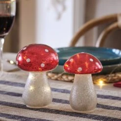 Lot De 2 Champignons De Noël Lumineux En Verre Moucheté
