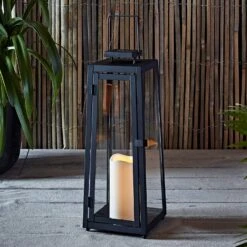 Grande Lanterne Solaire Porto 14 Grande Lanterne Solaire Porto -Éclairage Domestique SL17004 Large Yarra Outdoor Black Solar Candle Lantern Bamboo Close P1