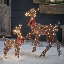 Duo De Rennes De Noël Lumineux Harewood Biche Et Faon En Fils De Coton Marrons
